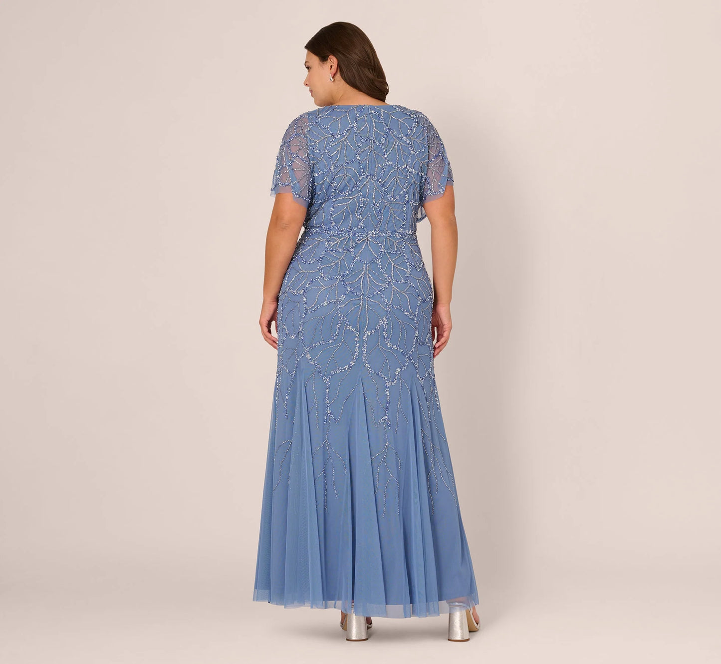Plus Size Flutter Sleeve Surplice Beaded Gown In French Blue