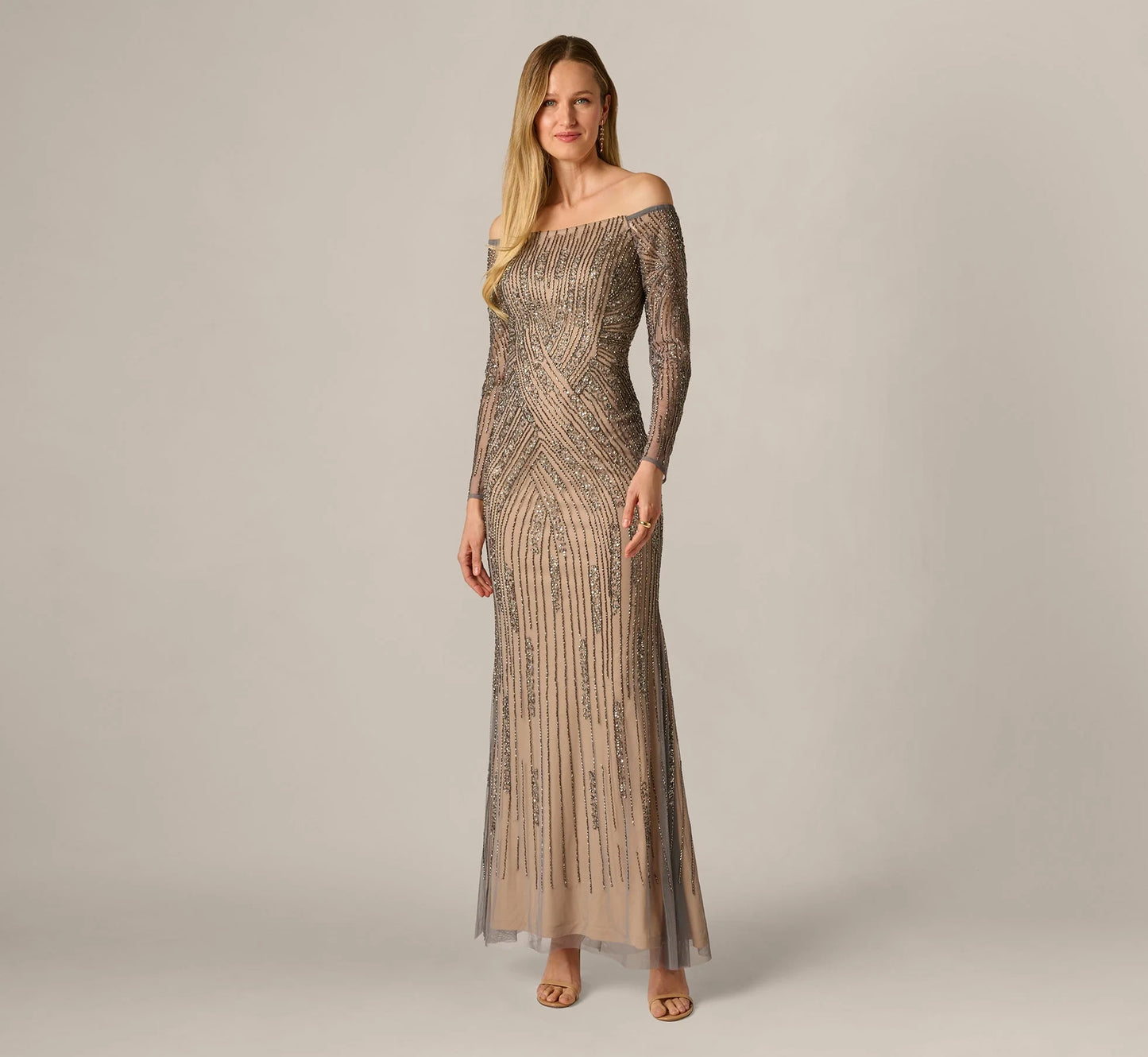 Hand Beaded Off Shoulder Gown In Sterling