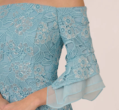 Off Shoulder Bell Sleeve Sequin Lace Gown In Airy Aqua