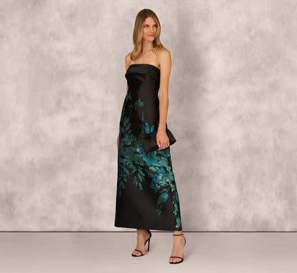Sleeveless Metallic Floral Jacquard Gown In Black Teal
