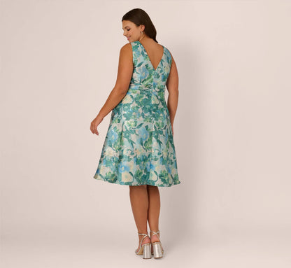 Plus Size Metallic Floral Jacquard Midi Dress In Blue Multi