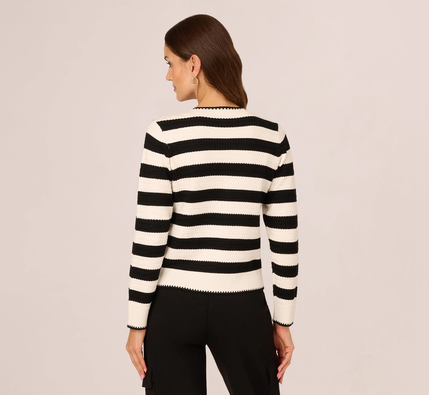 Textured Knit Blanket Stitch Cardigan Sweater In Ivory Black