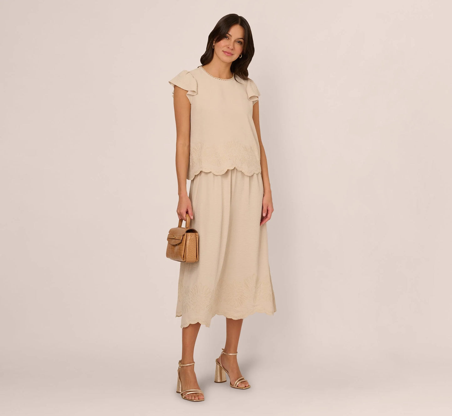 Flutter Sleeve Embroidery Scalloped Hem Top In Bamboo Wood
