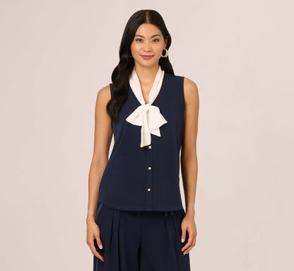 Tie Collar Knit Vest Top In Blue Moon Ivory