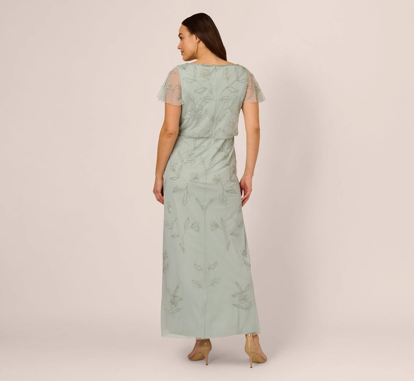 Plus Size Flutter Sleeve Floral Beaded Blouson Gown In Aqua Dust