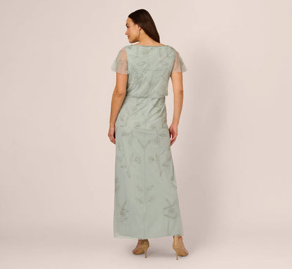 Plus Size Flutter Sleeve Floral Beaded Blouson Gown In Aqua Dust