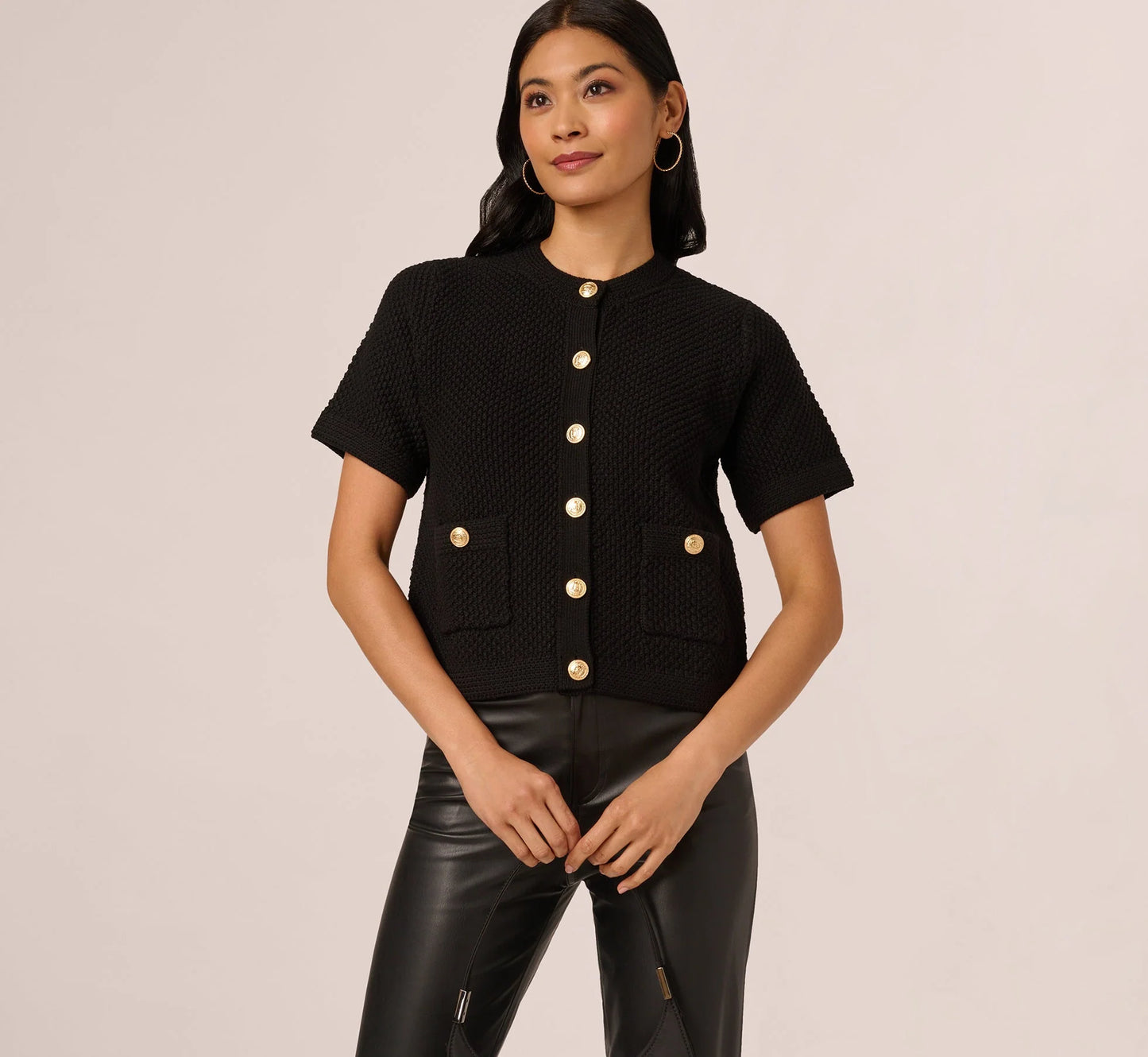 Short Sleeve Textured Cardigan Sweater In Black