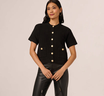 Short Sleeve Textured Cardigan Sweater In Black