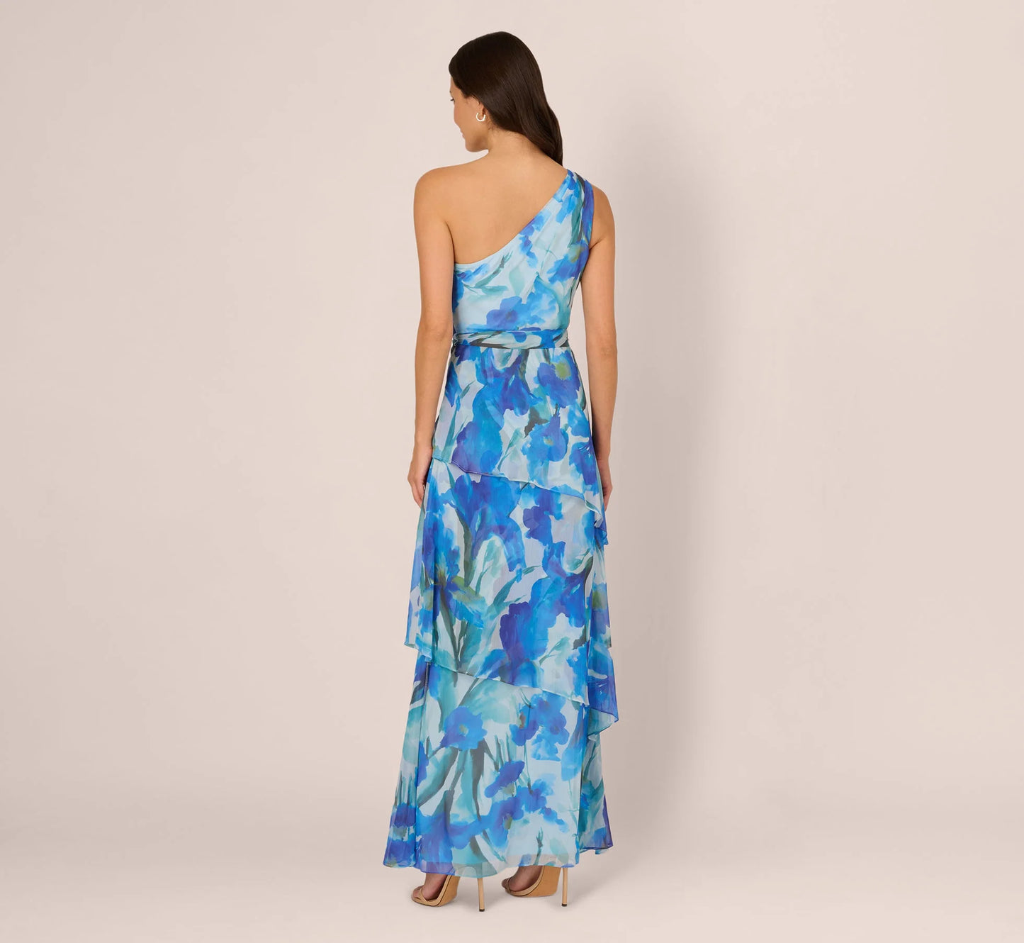One Shoulder Tiered Floral Chiffon Gown In Blue Multi