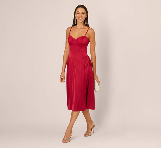 Stretch Satin Corset Back Midi Dress In Matador Red