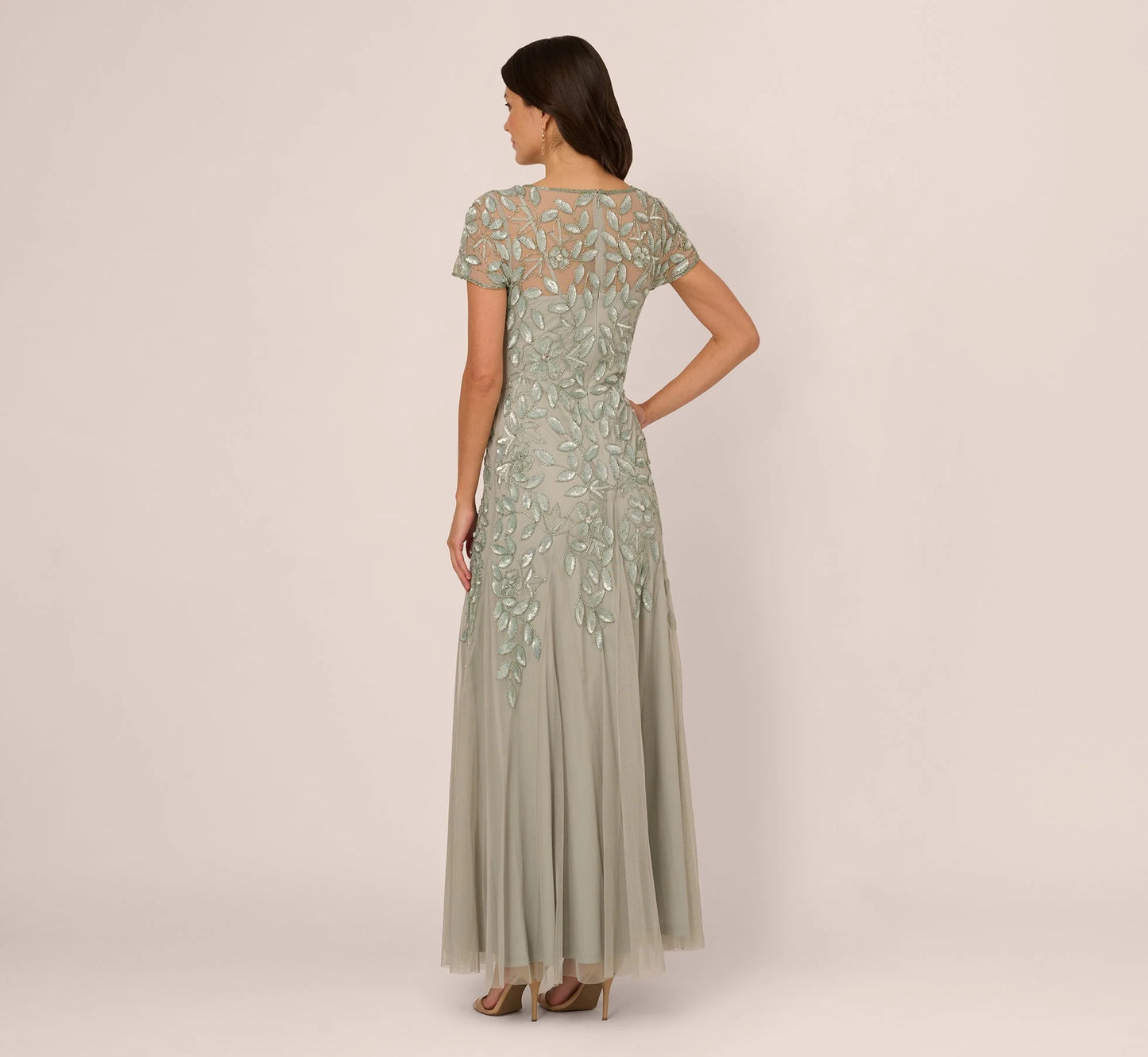Hand Beaded Short Sleeve Floral Godet Gown In Frosted Sage