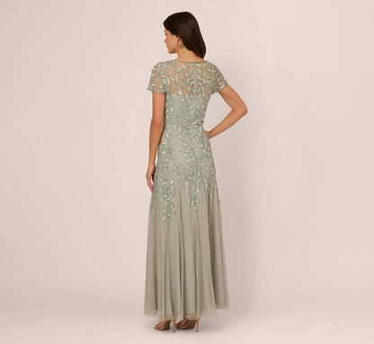 Hand Beaded Short Sleeve Floral Godet Gown In Frosted Sage