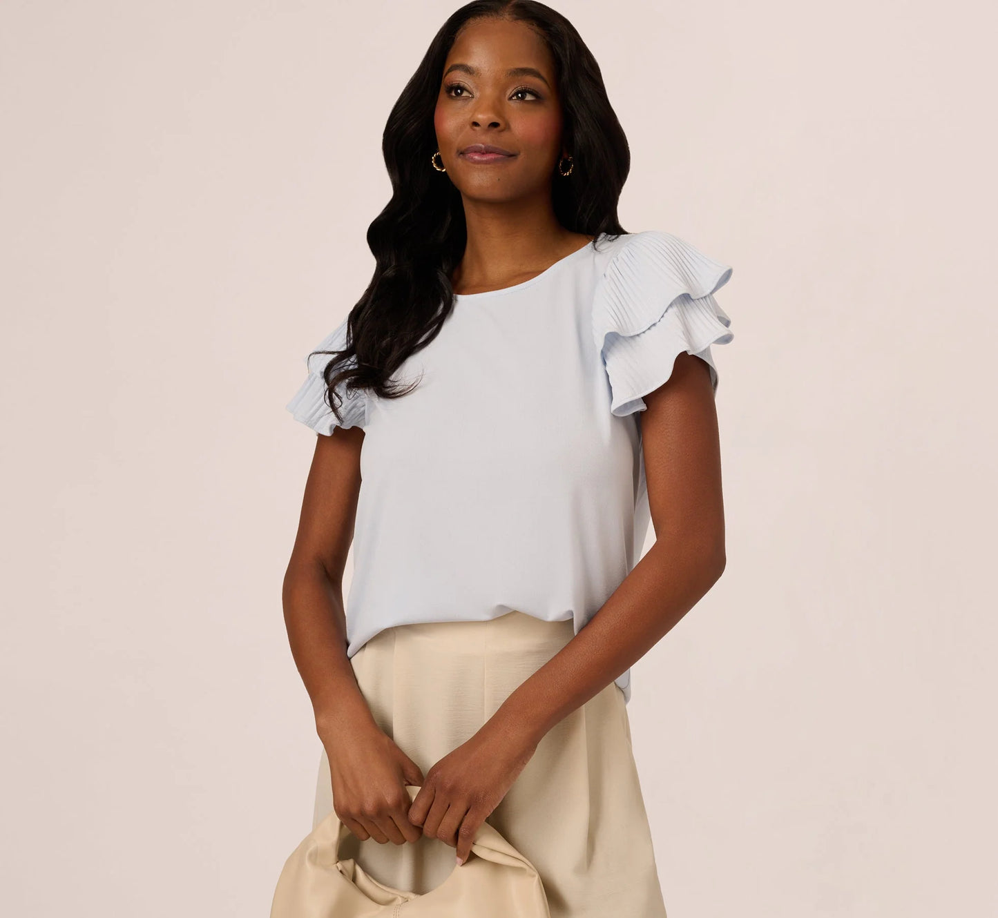 Double Flutter Sleeve Top With Pleated Details In Halogen Blue