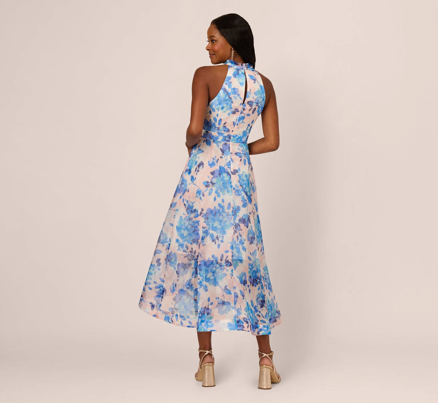 Sleeveless Floral Organza High Low Dress In Blush Blue Multi