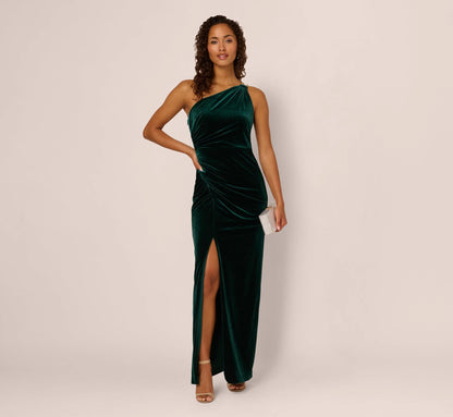 One Shoulder Draped Velvet Gown With Chain Accent In Emerald