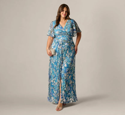 Plus Size Flutter Sleeve Crinkle Foil Floral Gown In Blue Multi
