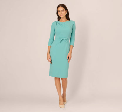 Three Quarter Sleeve Drape Collar Sheath Dress In Smoky Jade