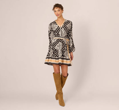 Bishop Sleeve Medallion Printed Short Dress In Black Ivory
