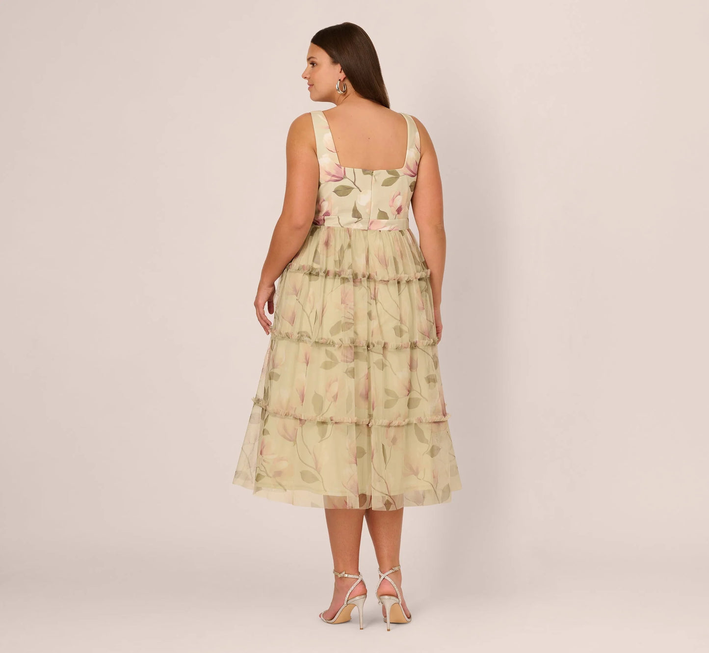 Plus Size Sleeveless Square Neck Floral Tiered Midi Dress In Green Multi
