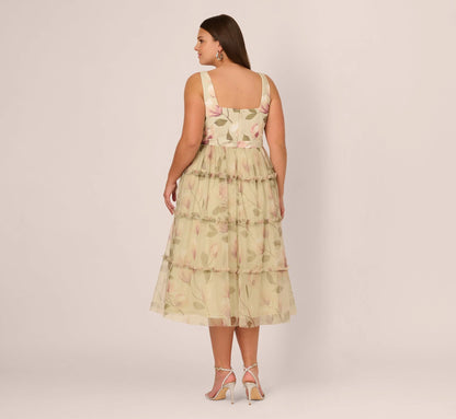 Plus Size Sleeveless Square Neck Floral Tiered Midi Dress In Green Multi
