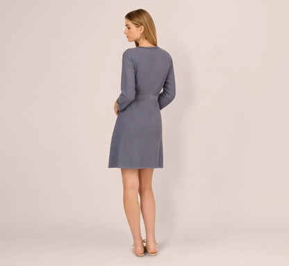 Three Quarter Sleeve Waffle Knit Short Dress In Dusty Blue