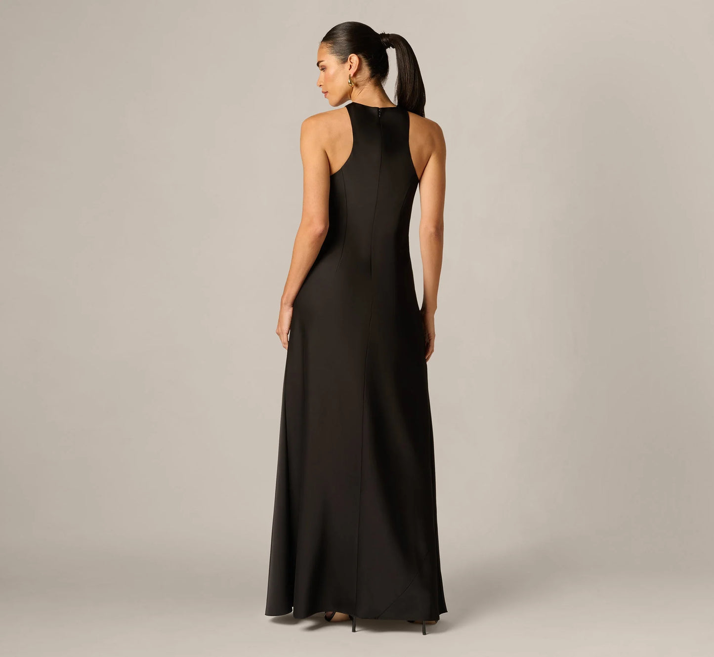 Stretch Satin Hardware Halter Collar Gown In Black