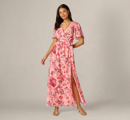 Flutter Sleeve Floral Print Embroidered Wrap Maxi Dress In Blush Multi