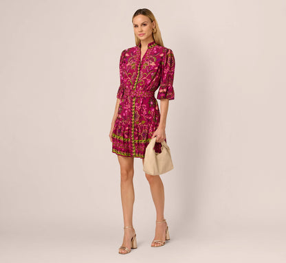 Abstract Print Button Down Dress With Three Quarter Bell Sleeves In Burgundy Multi