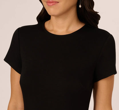 Short Sleeve Faux Leather Combo Skater Dress In Black