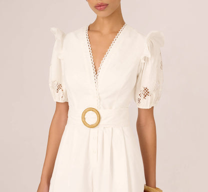 Puff Sleeve Cotton Lace Romper In Ivory