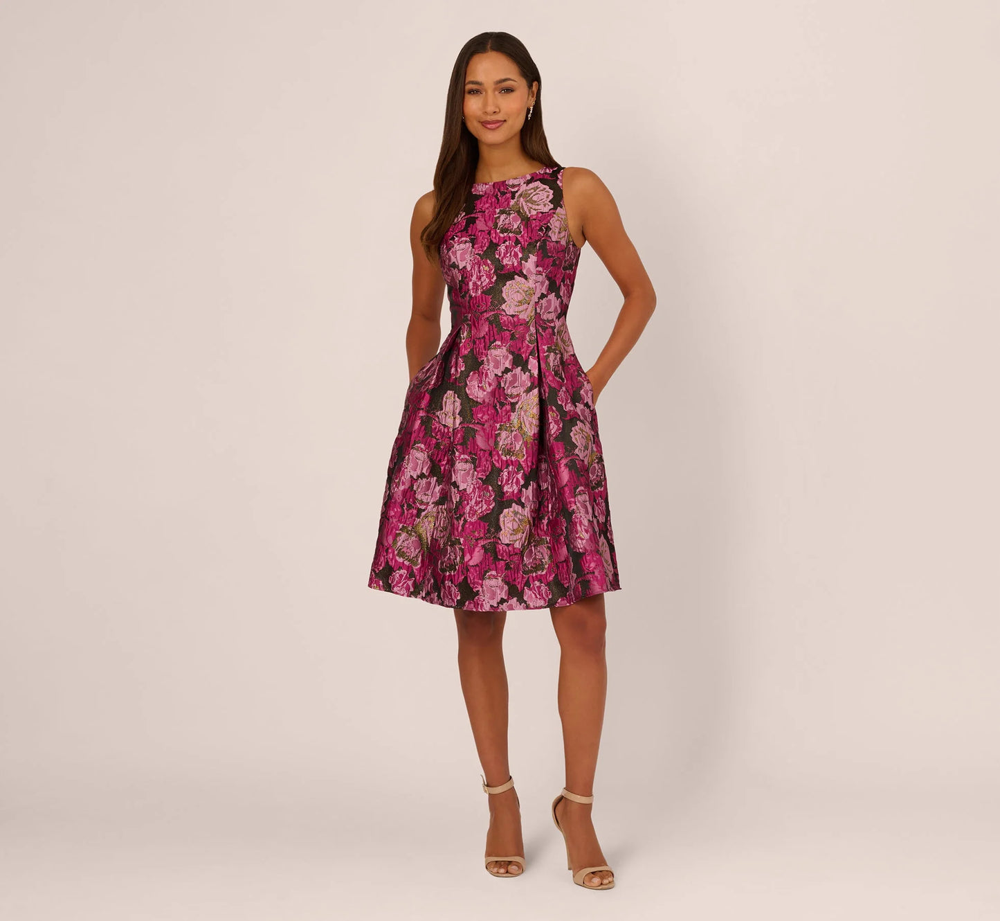 Rose Jacquard Envelope Back Dress In Pink Black Multi