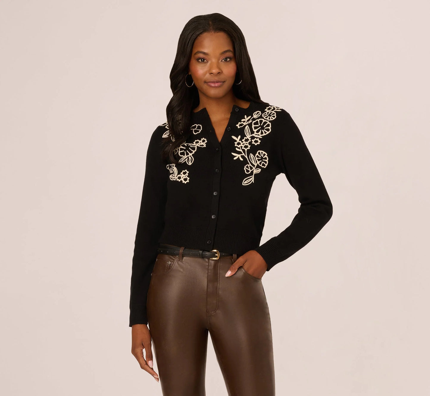 Floral Embroidered Cardigan Sweater In Black Cream