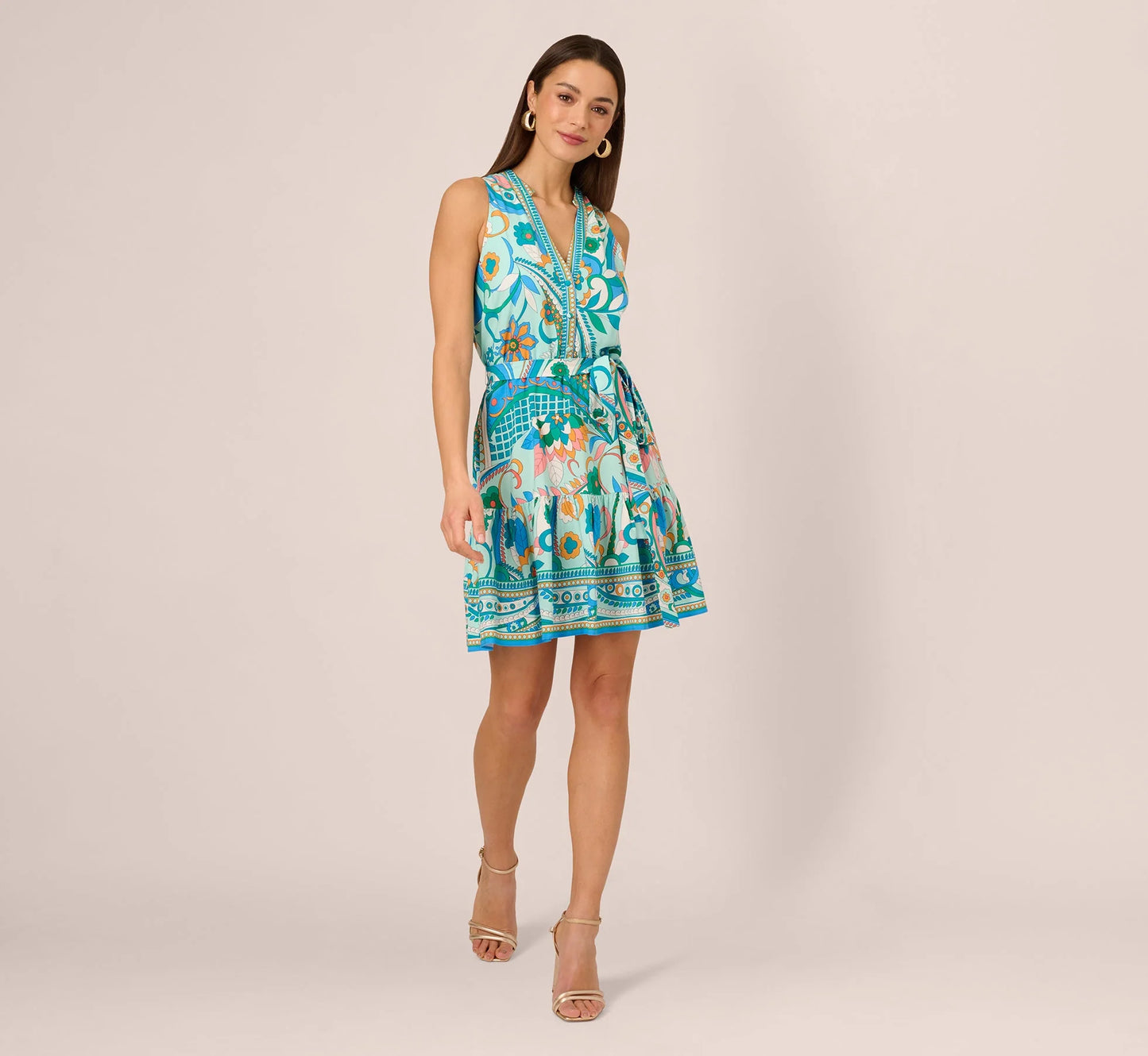 Sleeveless Retro Printed Short Sundress In Mint Multi