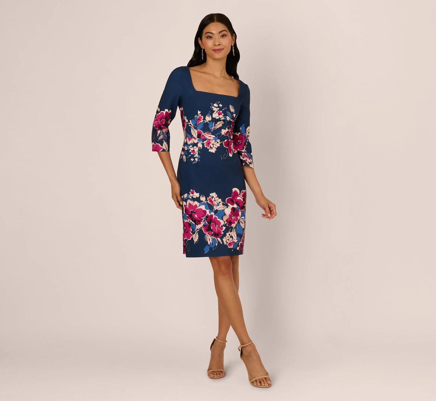 Three Quarter Sleeve Floral Sheath Dress In Navy Pink Multi