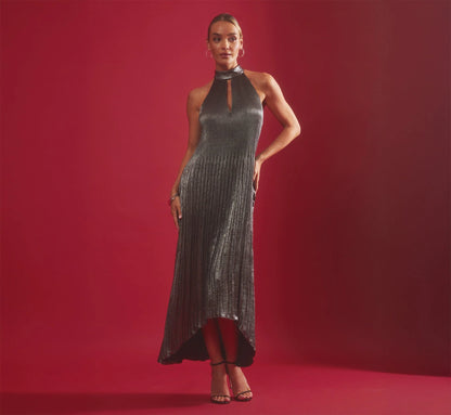 Pleated Metallic High Low Maxi Halter Dress In Gunmetal Black