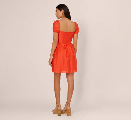 Shirred Fit And Flare Dress With Puff Short Sleeves In Orange Spice