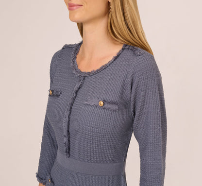 Three Quarter Sleeve Waffle Knit Short Dress In Dusty Blue