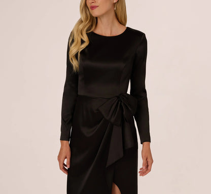 Long Sleeve Satin Bow Gown In Black