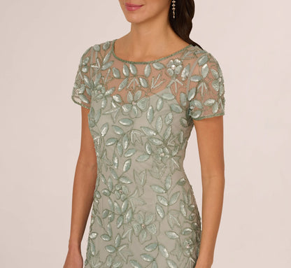 Hand Beaded Short Sleeve Floral Godet Gown In Frosted Sage
