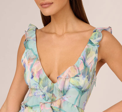 Sleeveless Floral Print High Low Maxi Dress With Ruffle Trim In Mint Multi