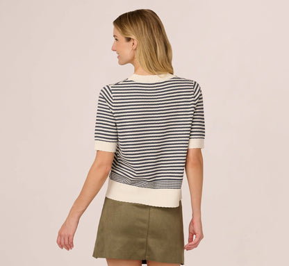 Short Sleeve Scalloped Stripe Pullover Sweater In Ivory Slate Blue