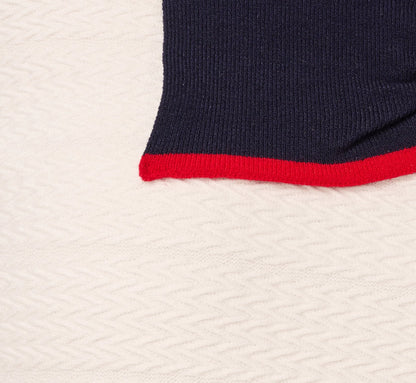 Long Sleeve Contrast Tipped Bow Sweater In Ivory Navy Red
