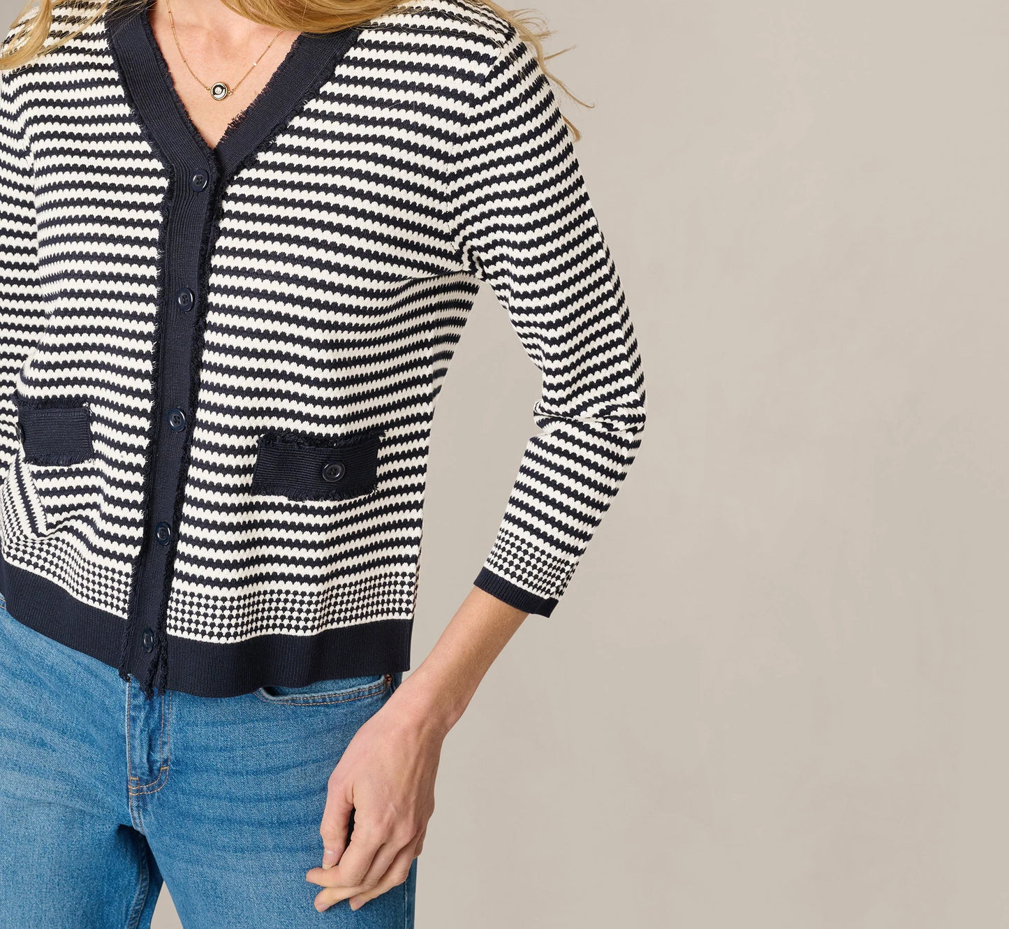 Fringe Trim Cardigan Sweater In Navy Ivory