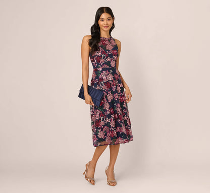 Sleeveless Illusion Sequin Midi Dress In Midnight Multi