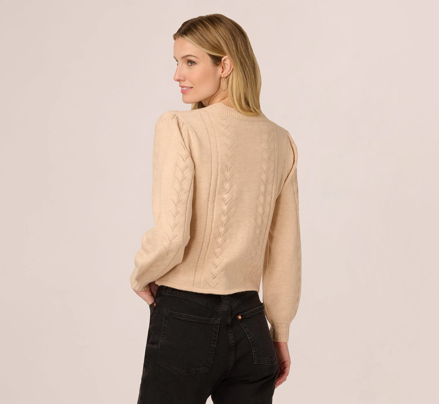 Long Sleeve Scalloped Pointelle Cardigan Sweater In Heather Fawn