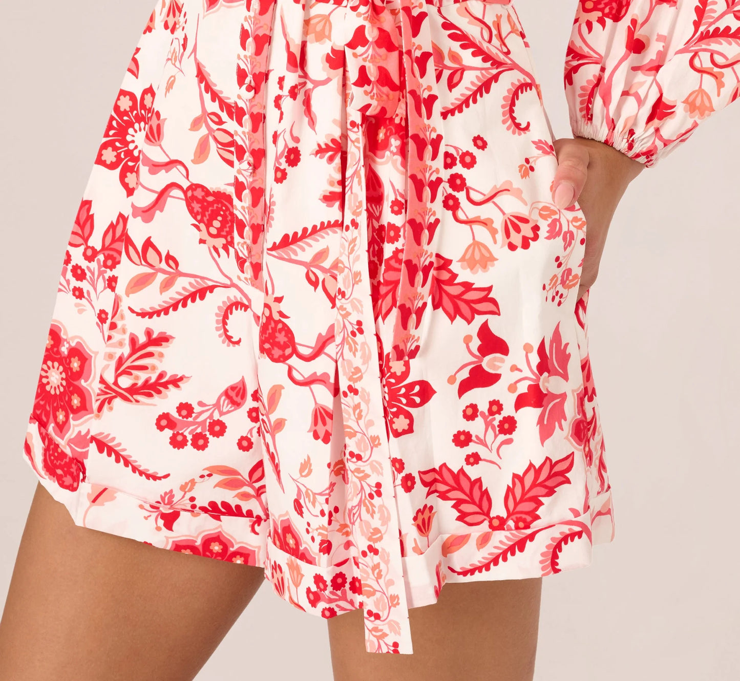 Long Sleeve Tie Front Floral Romper In White Coral Multi