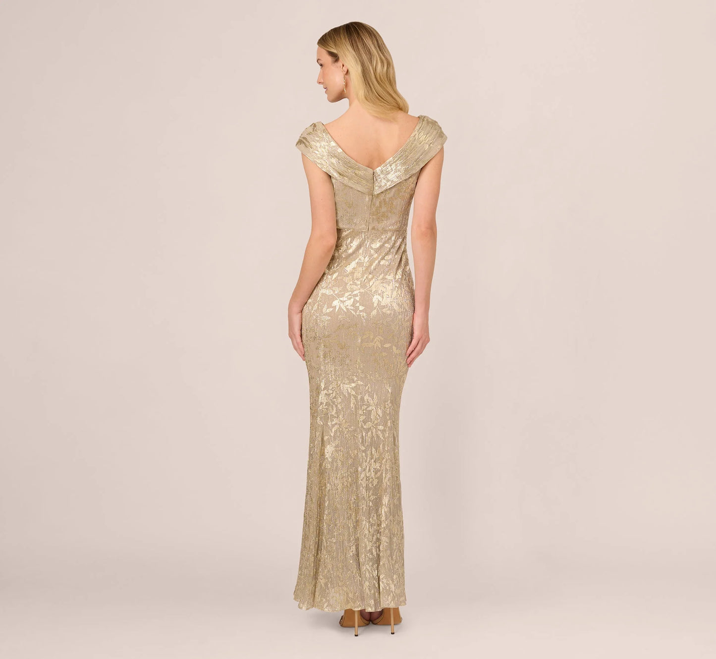 Off Shoulder Foil Leaf Mermaid Gown In Champagne Gold