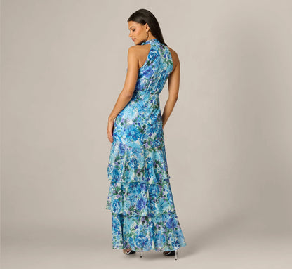 Tiered Metallic Floral Chiffon Halter Gown In Blue Multi