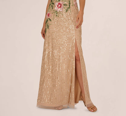 One Shoulder Floral Sequin Bead Gown In Nude Multi