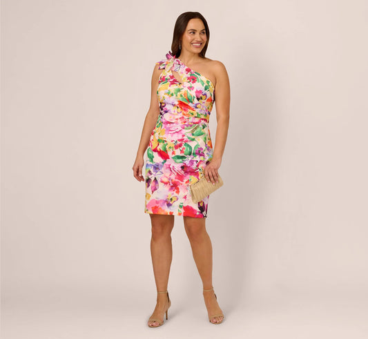 Plus Size One Shoulder Rosette Floral Sheath Dress In Pink Multi